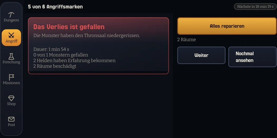 Bildschirmfoto aus der App: Nach dem Kampf
